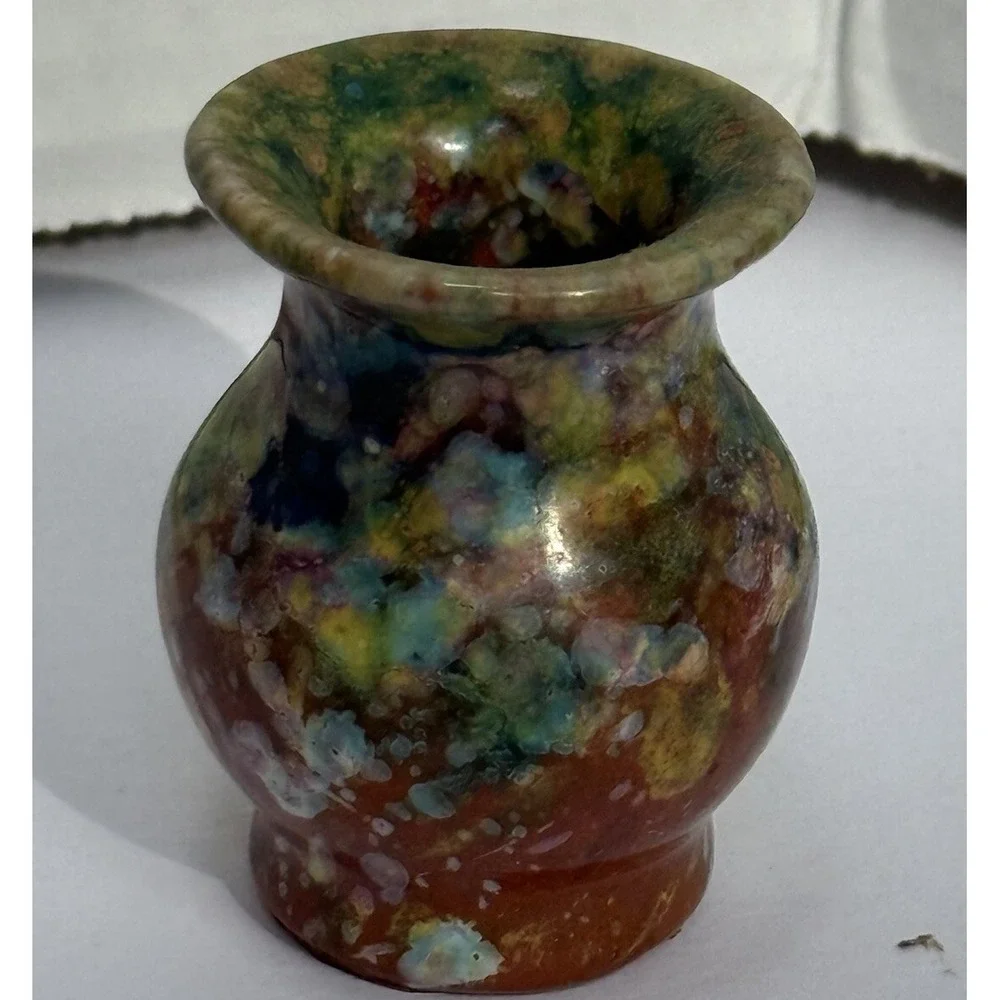 Vintage Studio Pottery Green Glaze With Multicolors‎ 2 Inch Initialed Vase